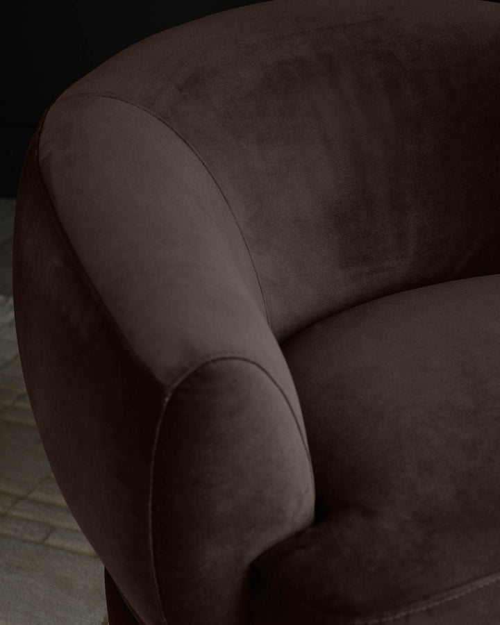 Close-up of a brown velvet armchair, showcasing its plush fabric and curved design, ideal for a cosy living space.