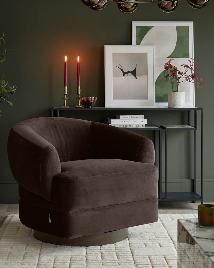 A stylish living room featuring a plush, brown swivel chair, console table with art and candles, and a textured rug.