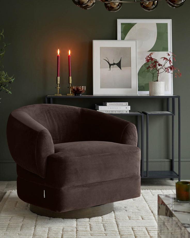 A stylish living room featuring a plush, brown swivel chair, console table with art and candles, and a textured rug.