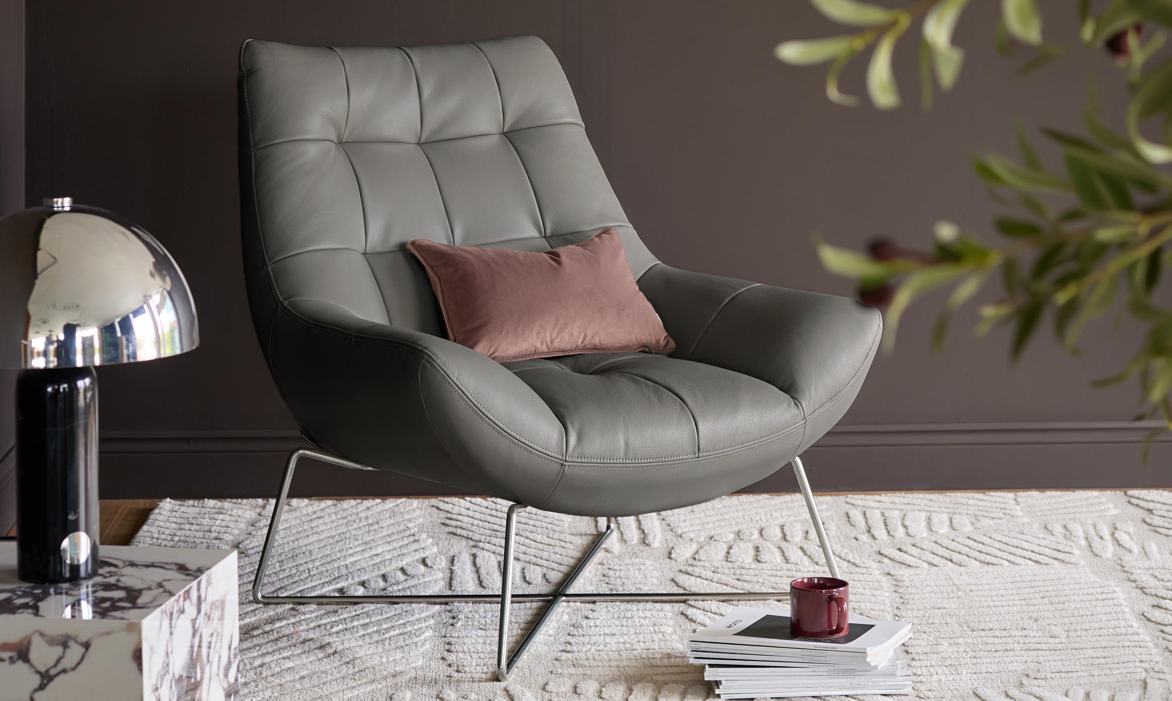 Canio Dark Grey Leather And Stainless Steel Accent Chair