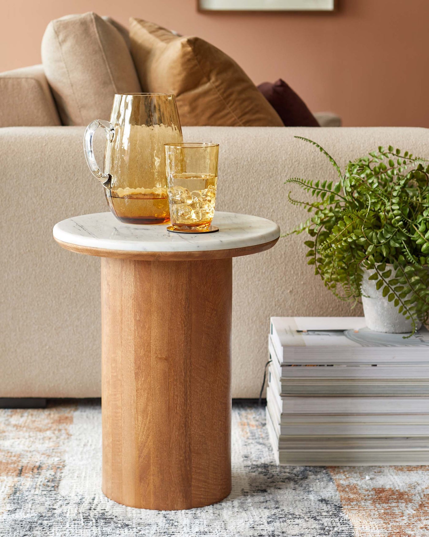 Cara light mango wood with marble top side table