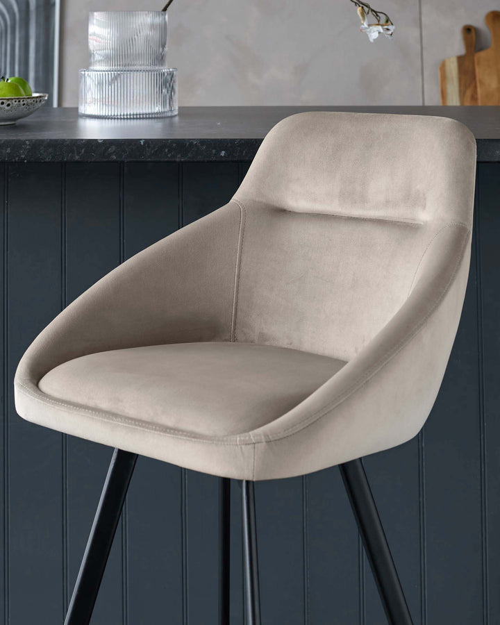 A stylish, modern bar stool with a curved, light-coloured fabric seat and black metal legs.
