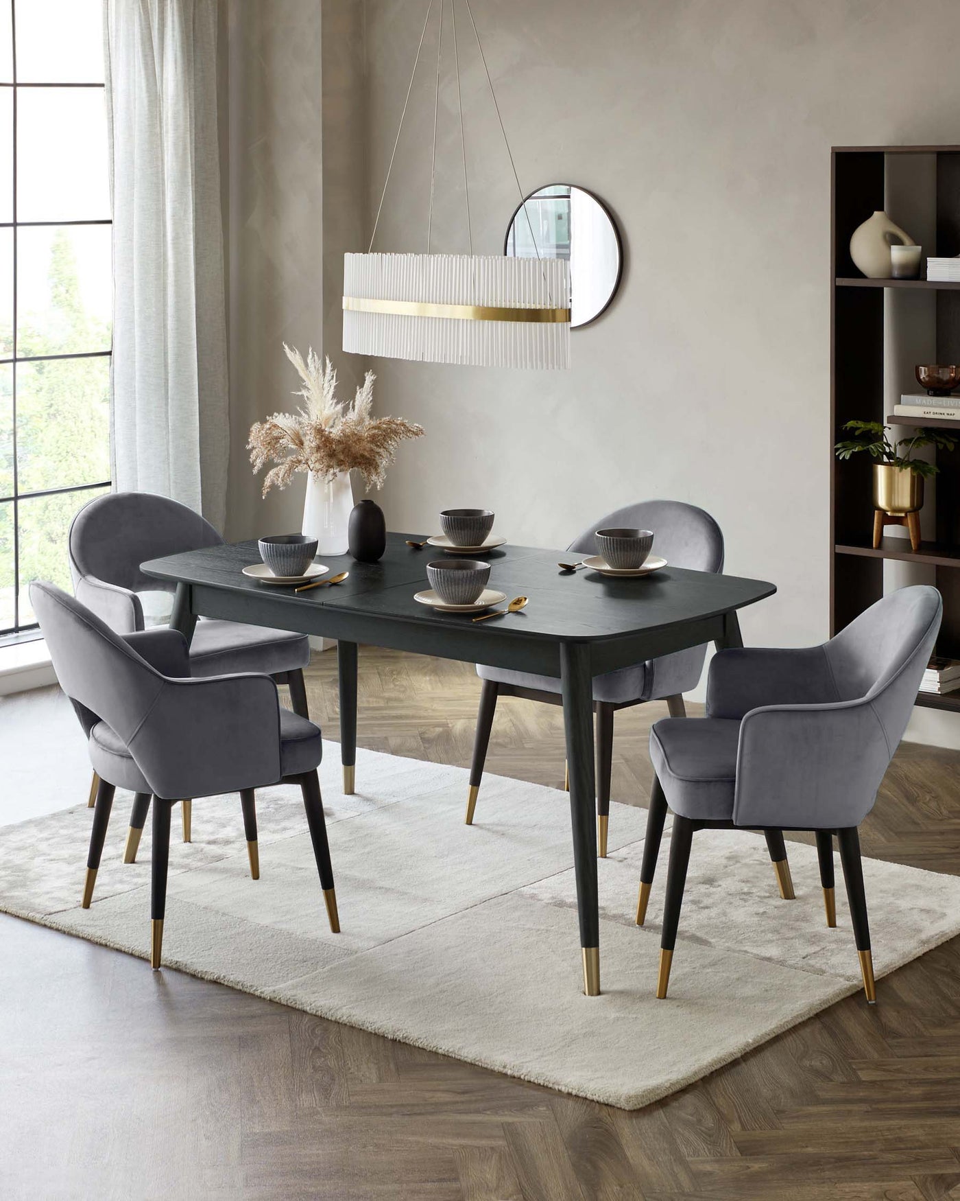 Clover Dark Grey Velvet & Brass Dining Armchair