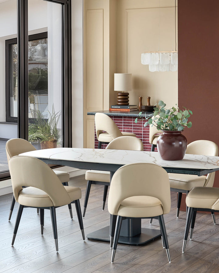 Contemporary dining set featuring a marble-top table surrounded by elegant, beige leather chairs with dark wood legs.