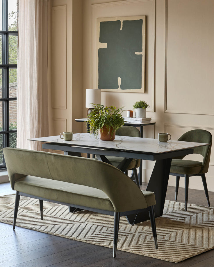 Dining room furniture set with bench seating, table and chairs in neutral tones.