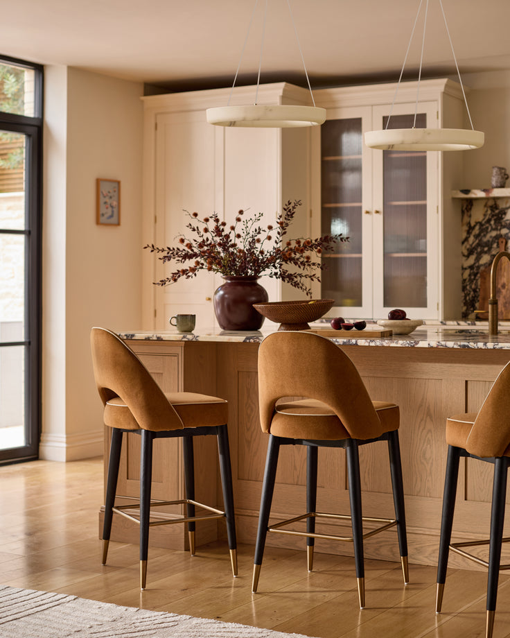 Clover caramel fabric with piping bar stool