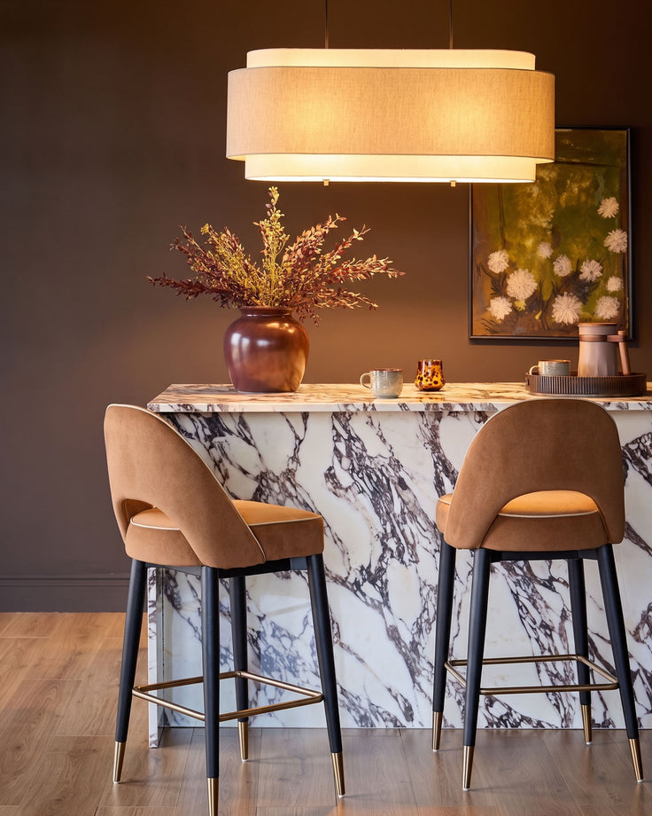 Clover caramel fabric with piping bar stool