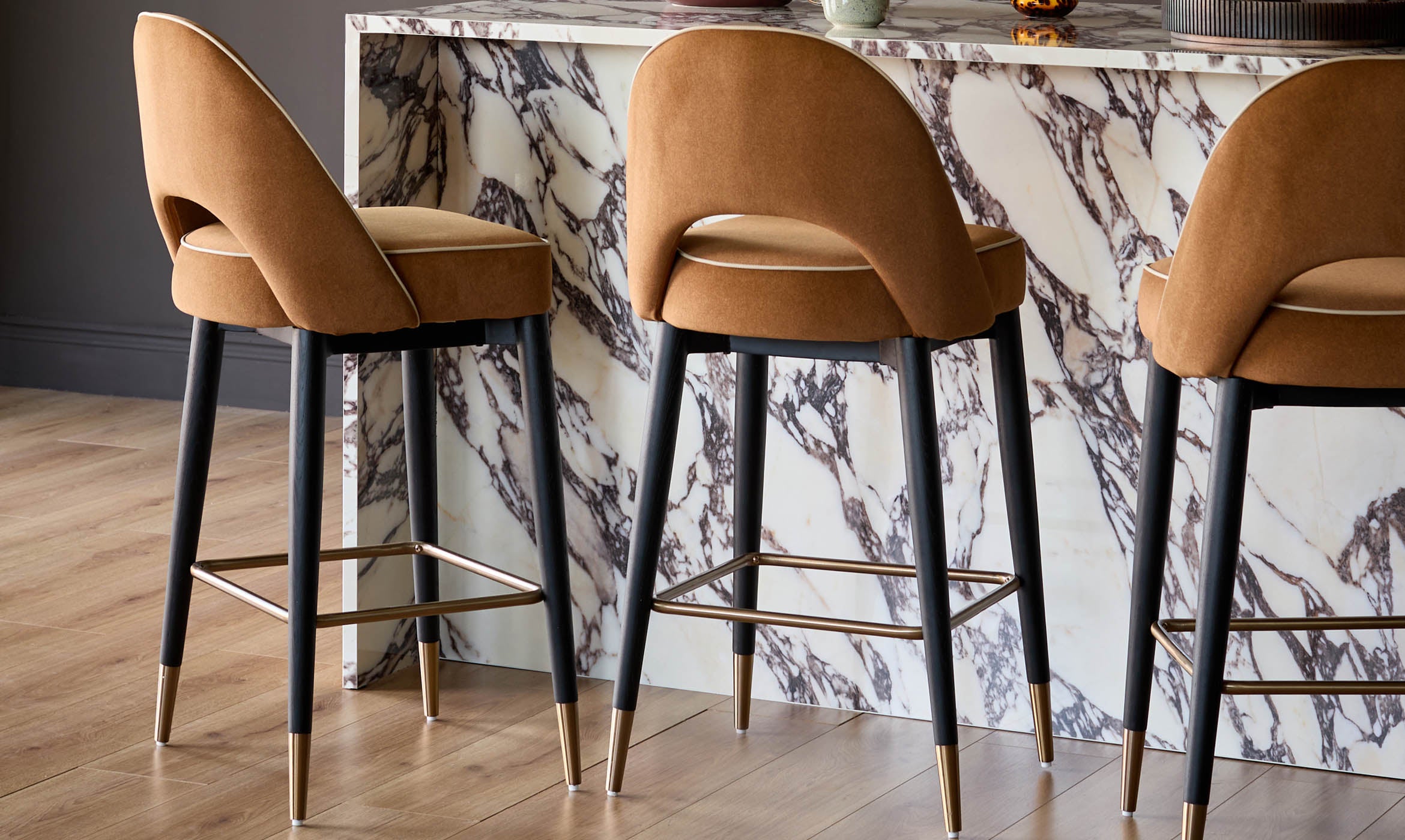 Clover caramel fabric with piping bar stool