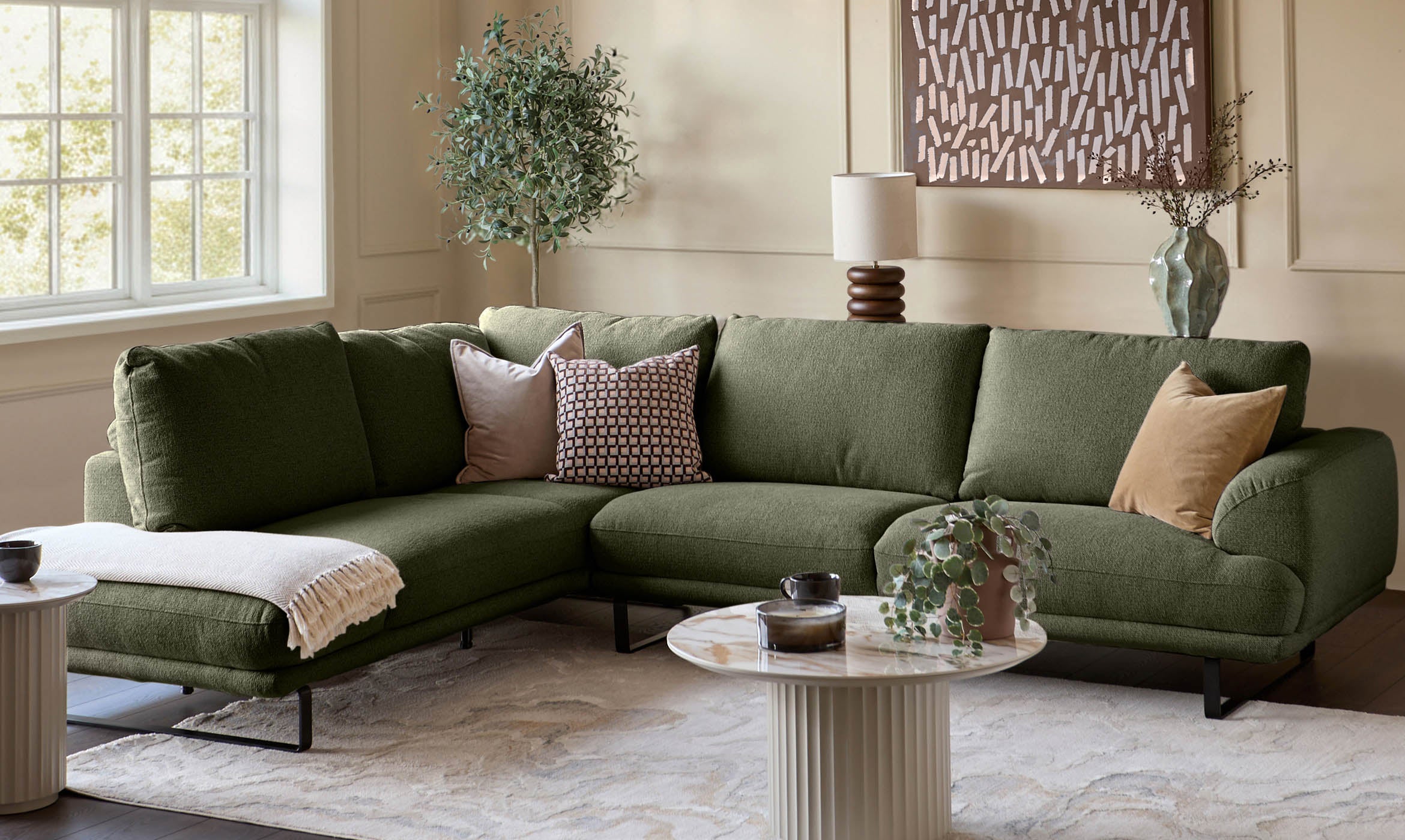 Colette olive green chenille left hand corner chaise sofa