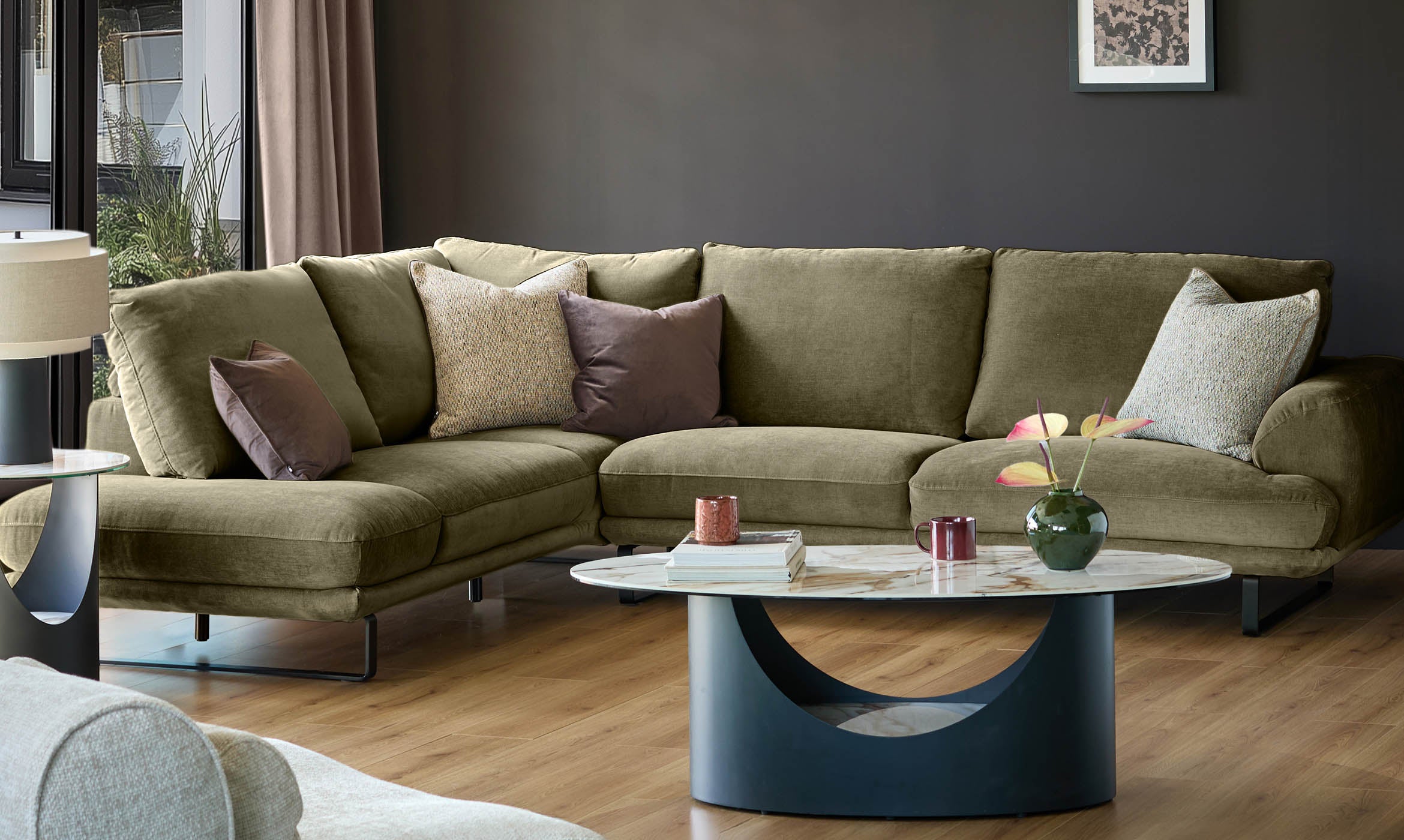 Colette olive green chenille left hand corner chaise sofa