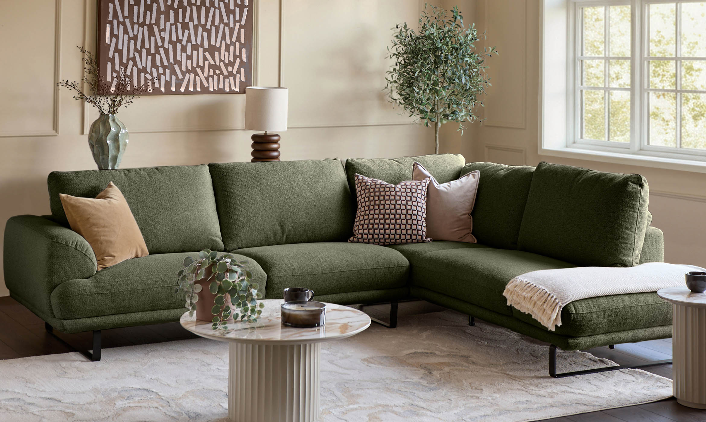 Colette olive green chenille right hand corner chaise sofa