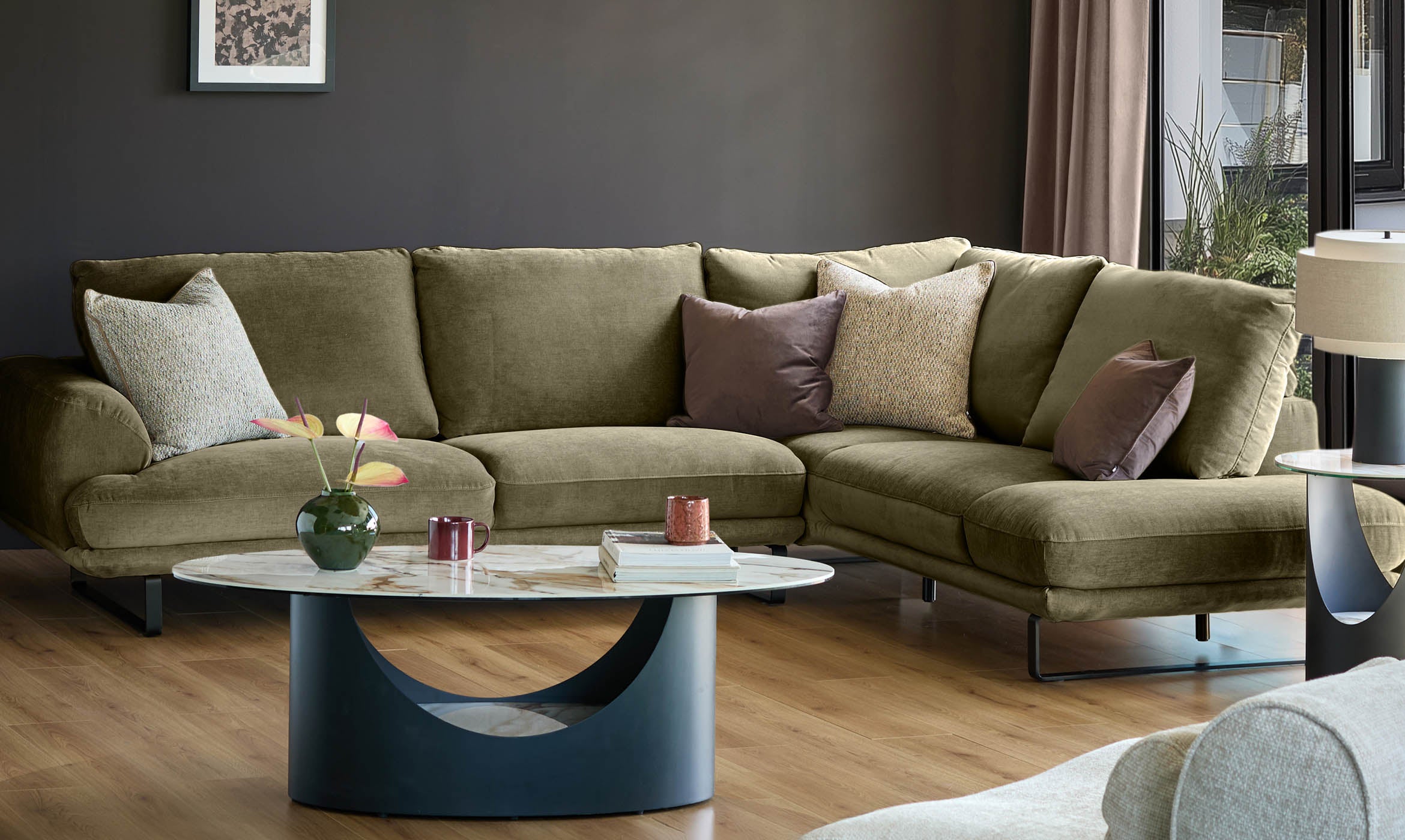 Colette olive green chenille right hand corner chaise sofa