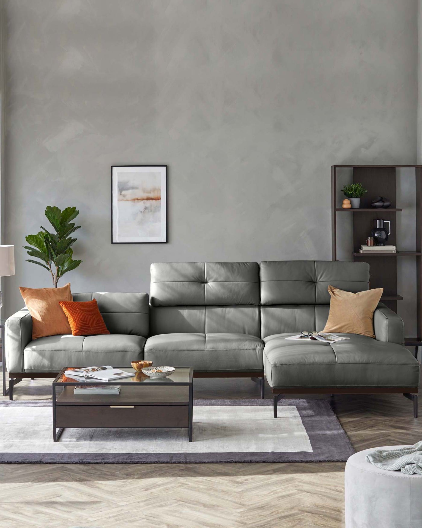 Colton Dark Grey Leather Right Hand Corner Chaise Sofa