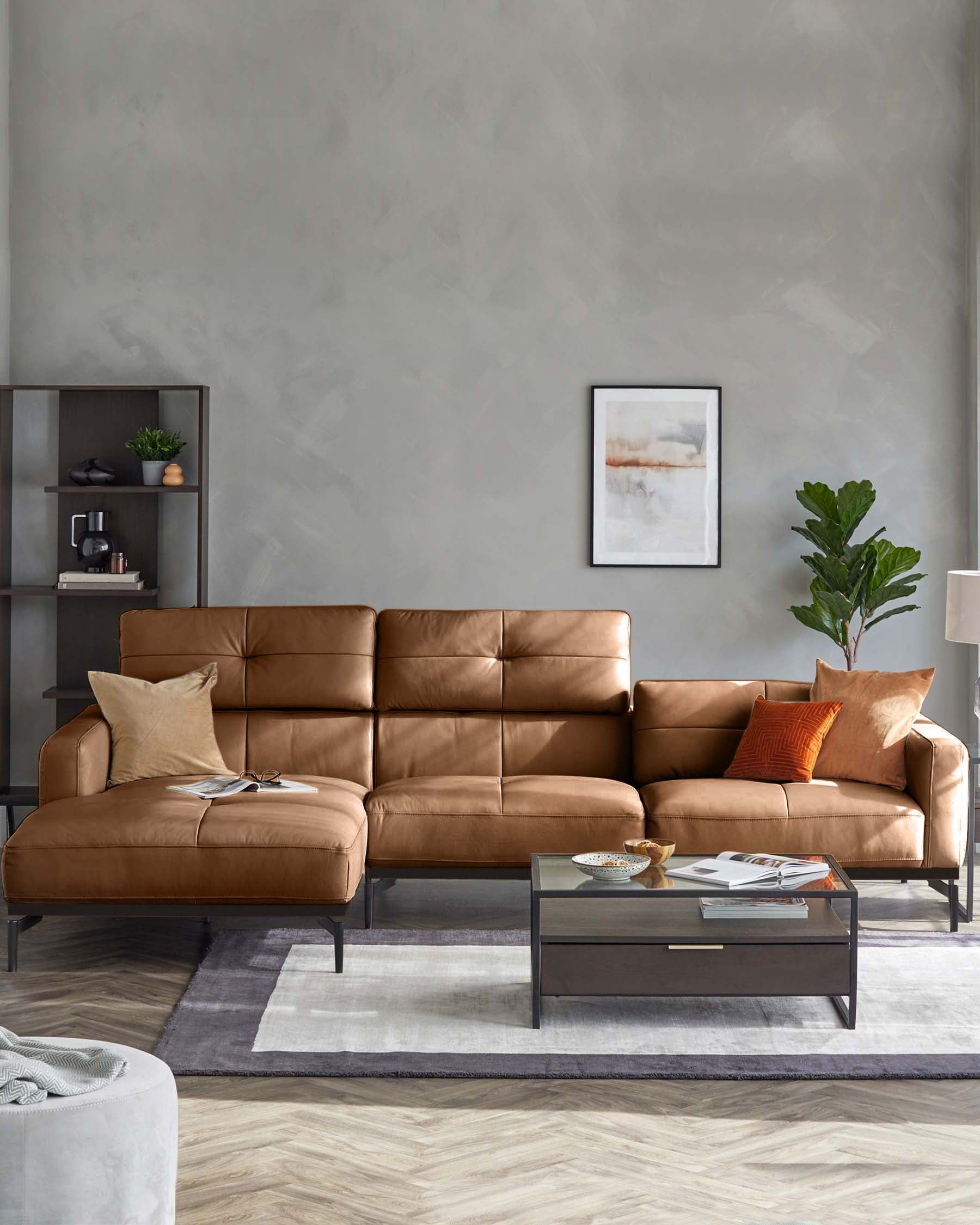 Stylish living room with a brown leather sofa, sleek coffee table, and contemporary shelving unit against a grey wall.