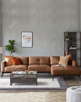 Stylish brown leather sofa with matching coffee table and dark wood shelving unit. Modern, minimalist design.