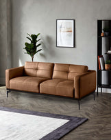 A stylish tan leather sofa with a sleek black frame and legs, complemented by a minimalist design aesthetic.