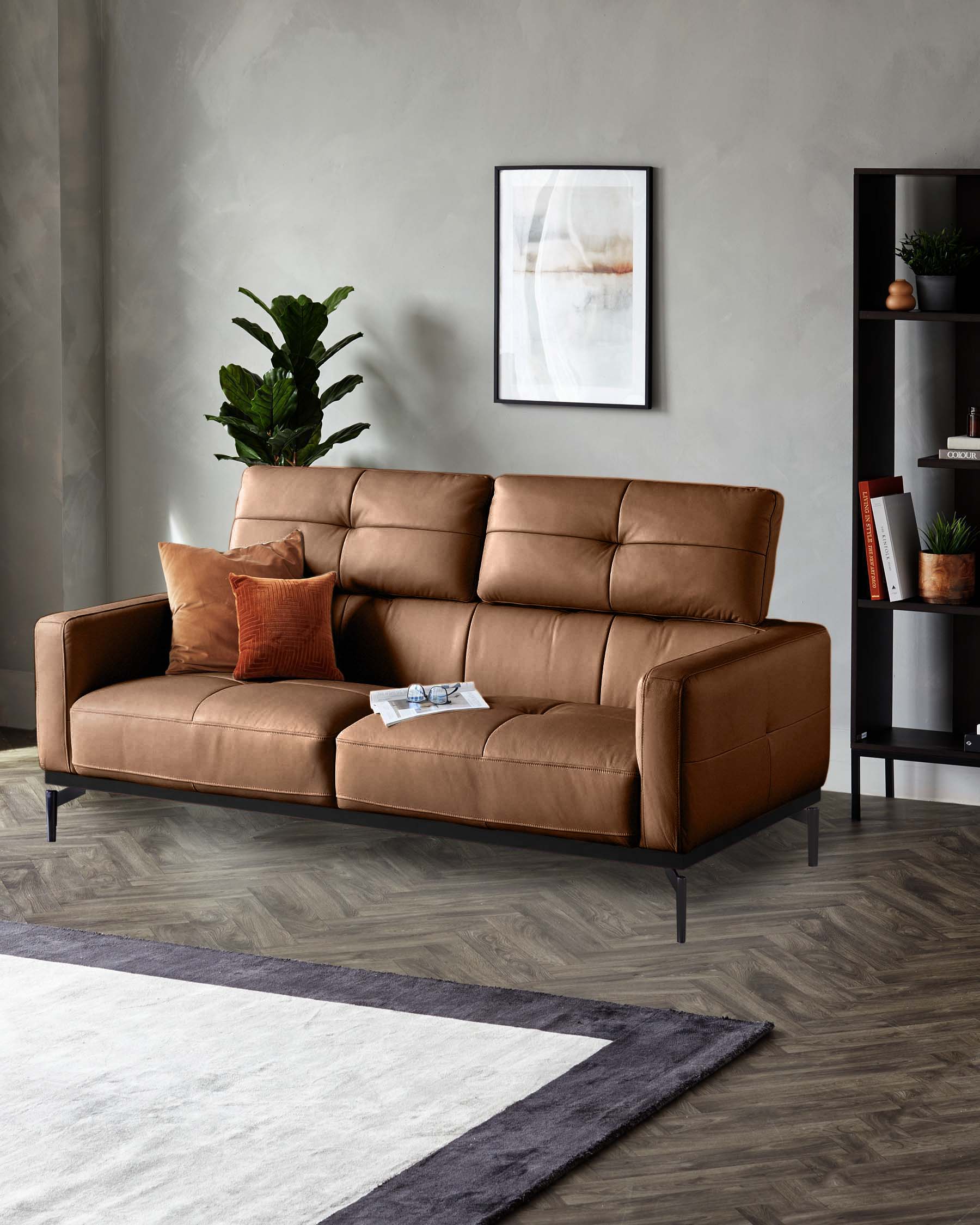 A tan leather sofa with throw pillows sits in a living room. A bookcase and plant decorate the background.