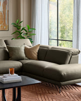 Connor olive green leather right hand corner chaise sofa
