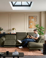 Connor olive green leather right hand corner chaise sofa