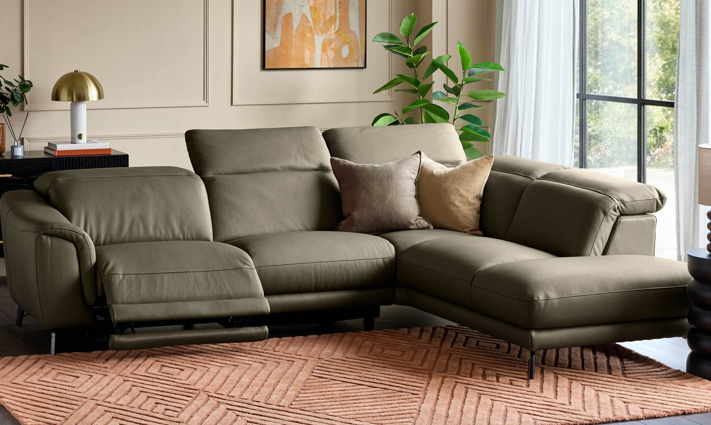 Connor olive green leather right hand corner chaise sofa