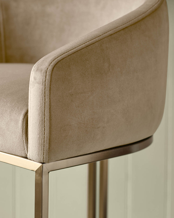 Dakota Velvet Barstool in Champagne with Brass Base - Close-up Detail