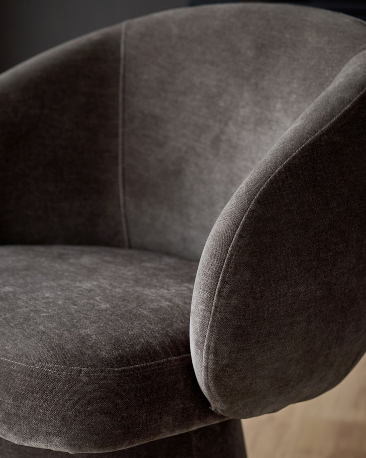 Darcy swivel dining chair in mocha fabric, close-up detail showing curved armrest and seat upholstery.