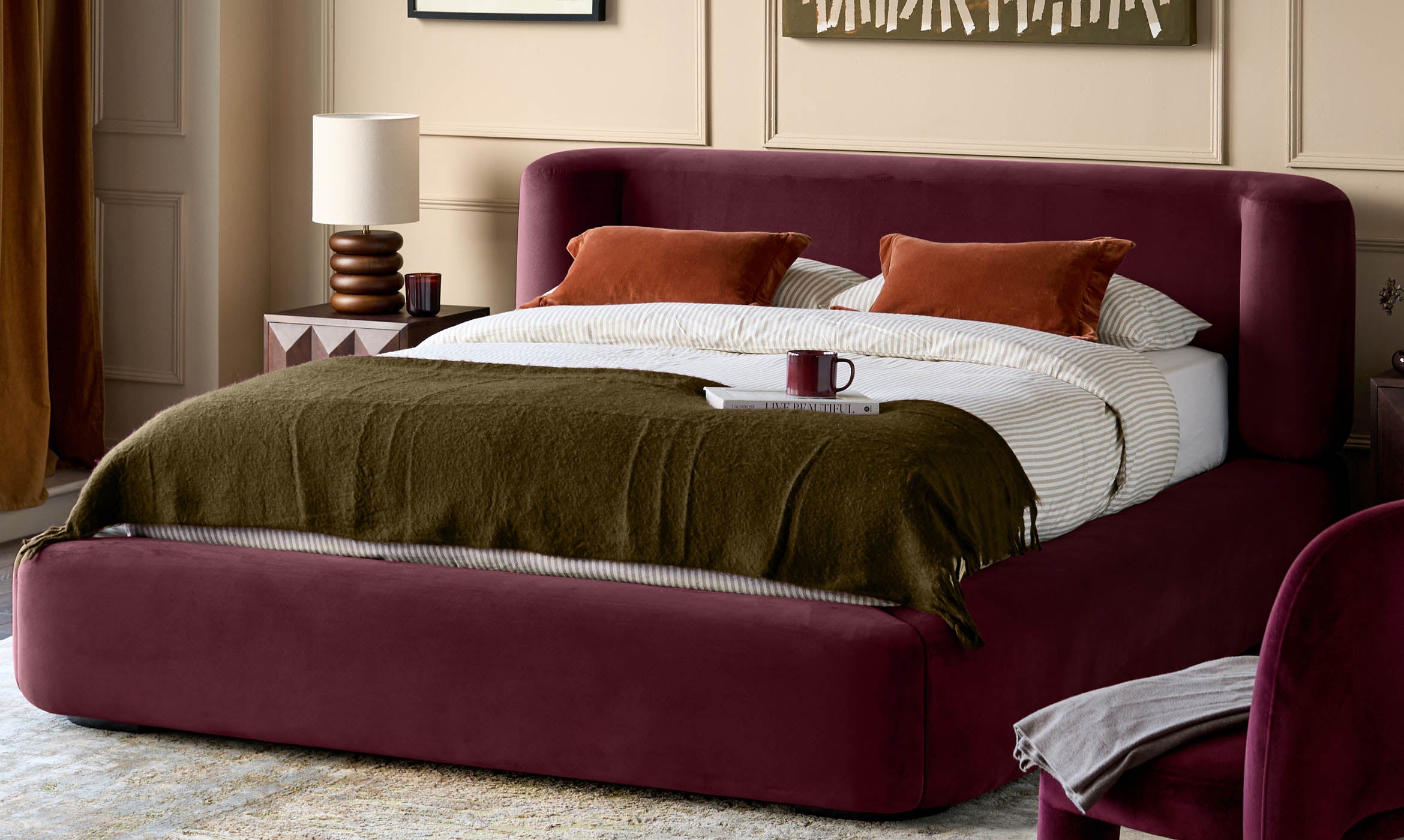 Darla plum velvet king ottoman bed