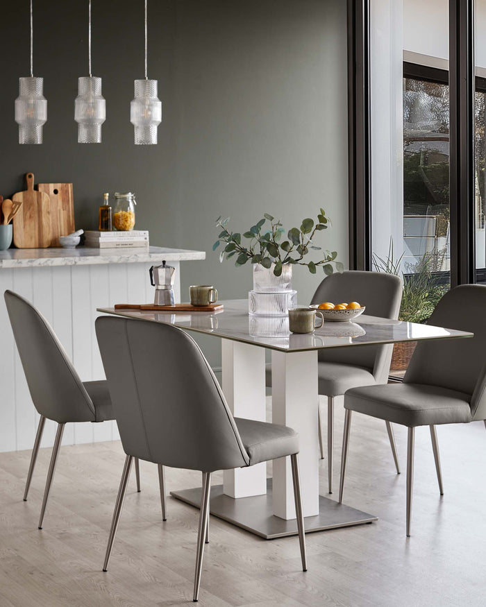 Dining area featuring a glass-topped table, four modern grey chairs with metal legs, and stylish pendant lights.