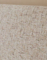 Close-up of natural beige fabric texture on Deven king-size ottoman bed, showing woven weave detail.