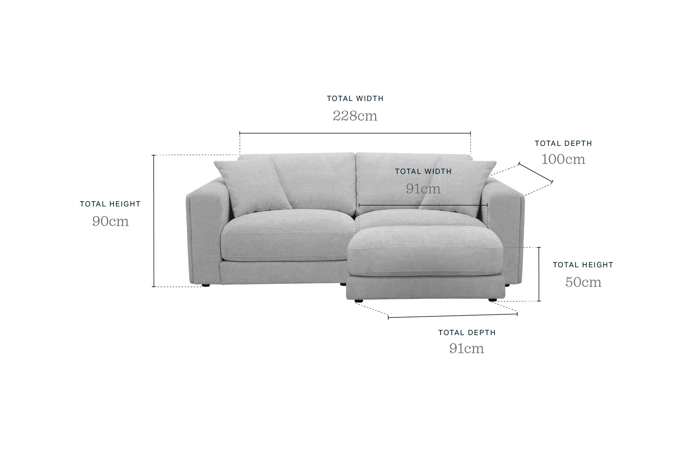 Lynetta natural grey chenille 3 seater sofa with footstool