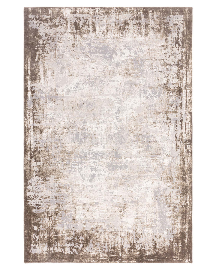 Contemporary area rug featuring a faded abstract pattern with a blend of beige, grey, and brown tones, creating a distressed vintage look suitable for modern interiors.