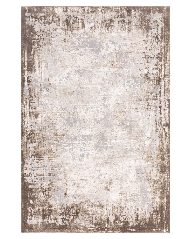 Contemporary area rug featuring a faded abstract pattern with a blend of beige, grey, and brown tones, creating a distressed vintage look suitable for modern interiors.