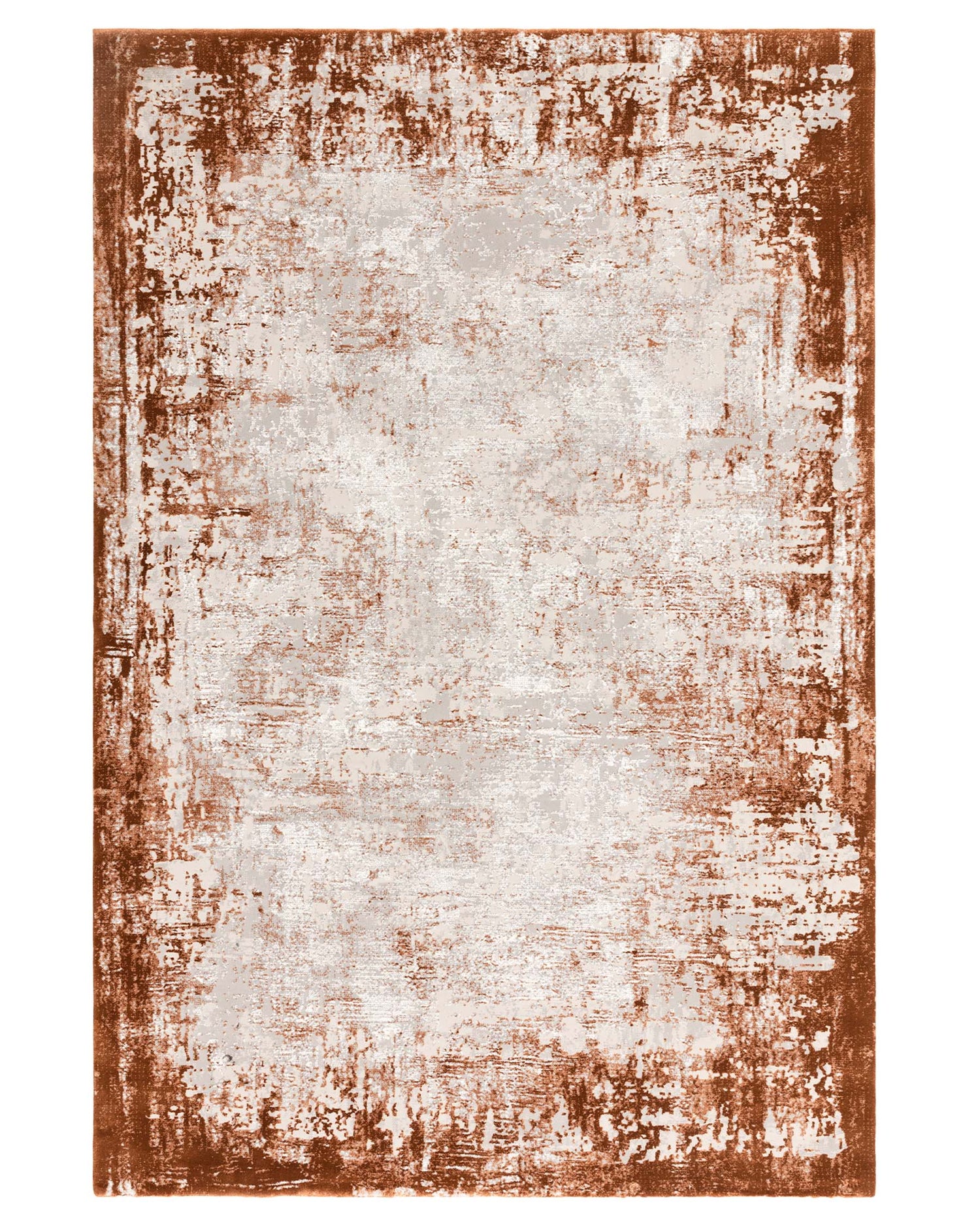 Contemporary area rug with a distressed design featuring a blend of warm rust and neutral beige tones, creating an antiqued effect. The rug has a clear border and a textured appearance that suggests wear, adding to its vintage charm. Its dimensions are not provided but it appears suitable for a variety of room sizes.
