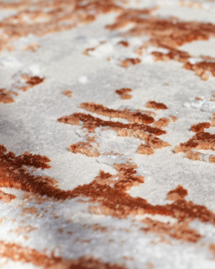 Distressed border textured rug in rust and cream, close-up showing woven pattern and color variation.