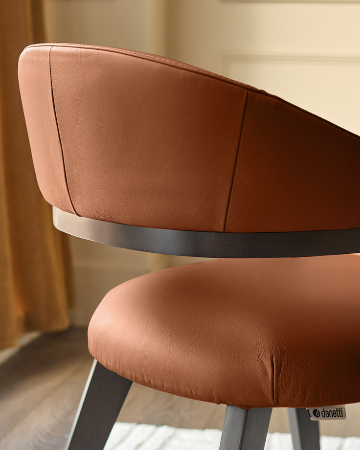 Tan leather Dylan dining chair shown from side angle, featuring curved backrest, dark metal frame band, and wooden legs with Danetti branding.