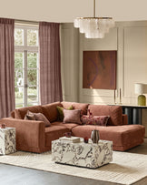 Eden right small chaise sofa in apricot fabric, displayed in a styled living room setting with coordinating décor.