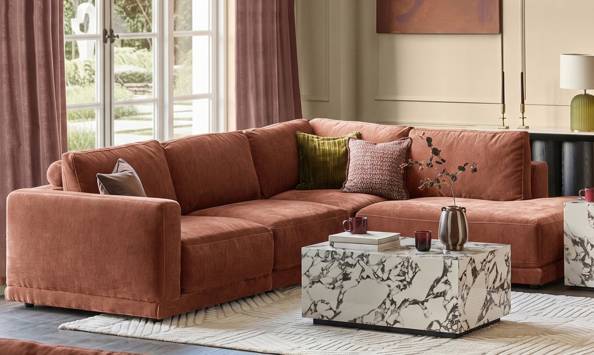Eden apricot chenille right hand large corner chaise sofa