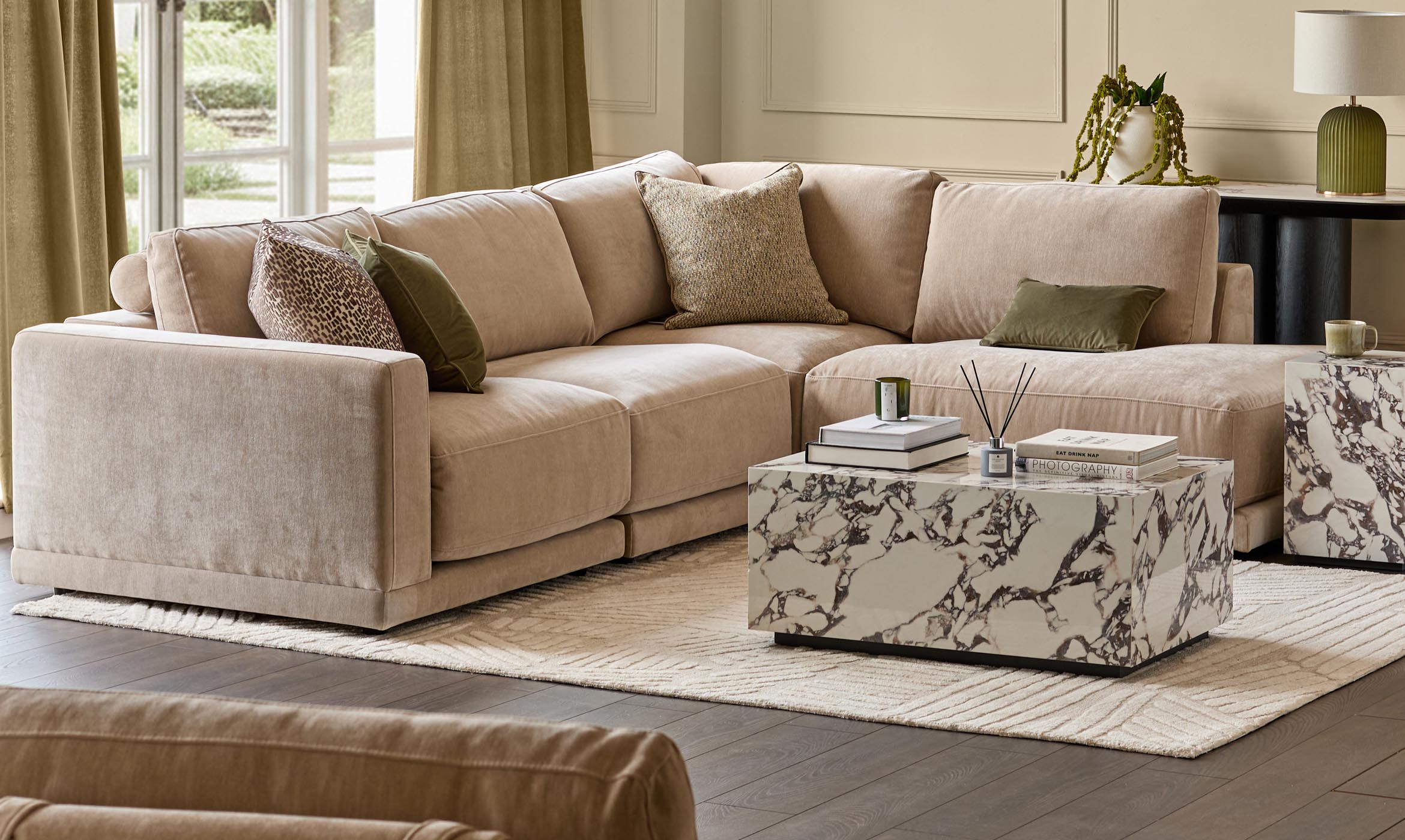 Eden champagne chenille right hand large corner chaise sofa