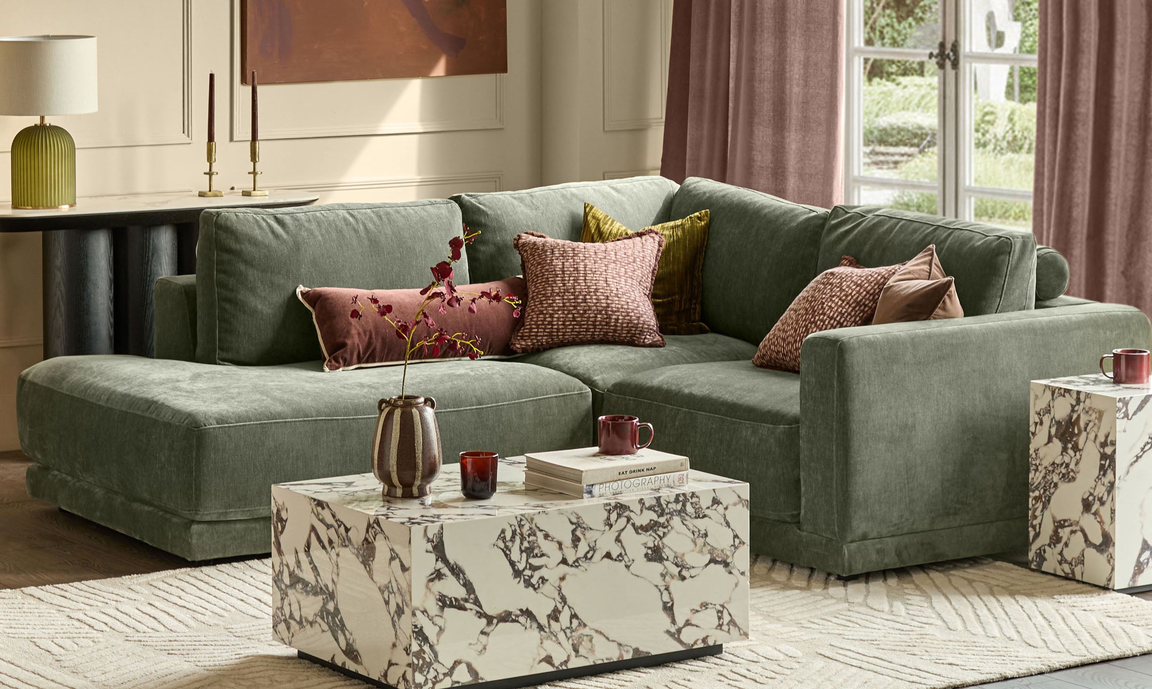 Eden dark green chenille left hand small corner chaise sofa