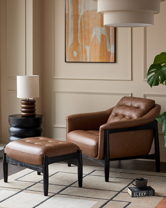 Ember tan leather occasional chair with footstool