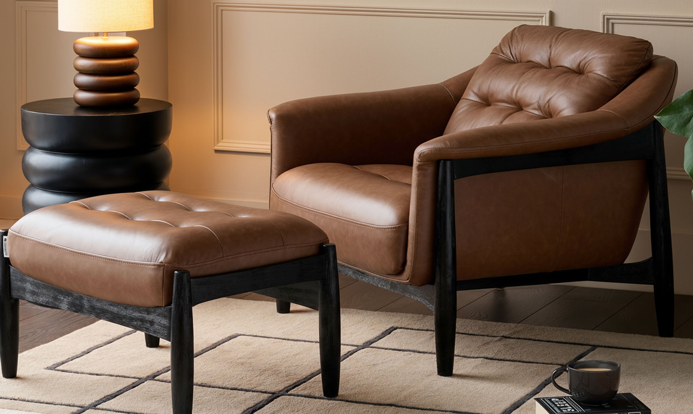 Ember tan leather occasional chair with footstool