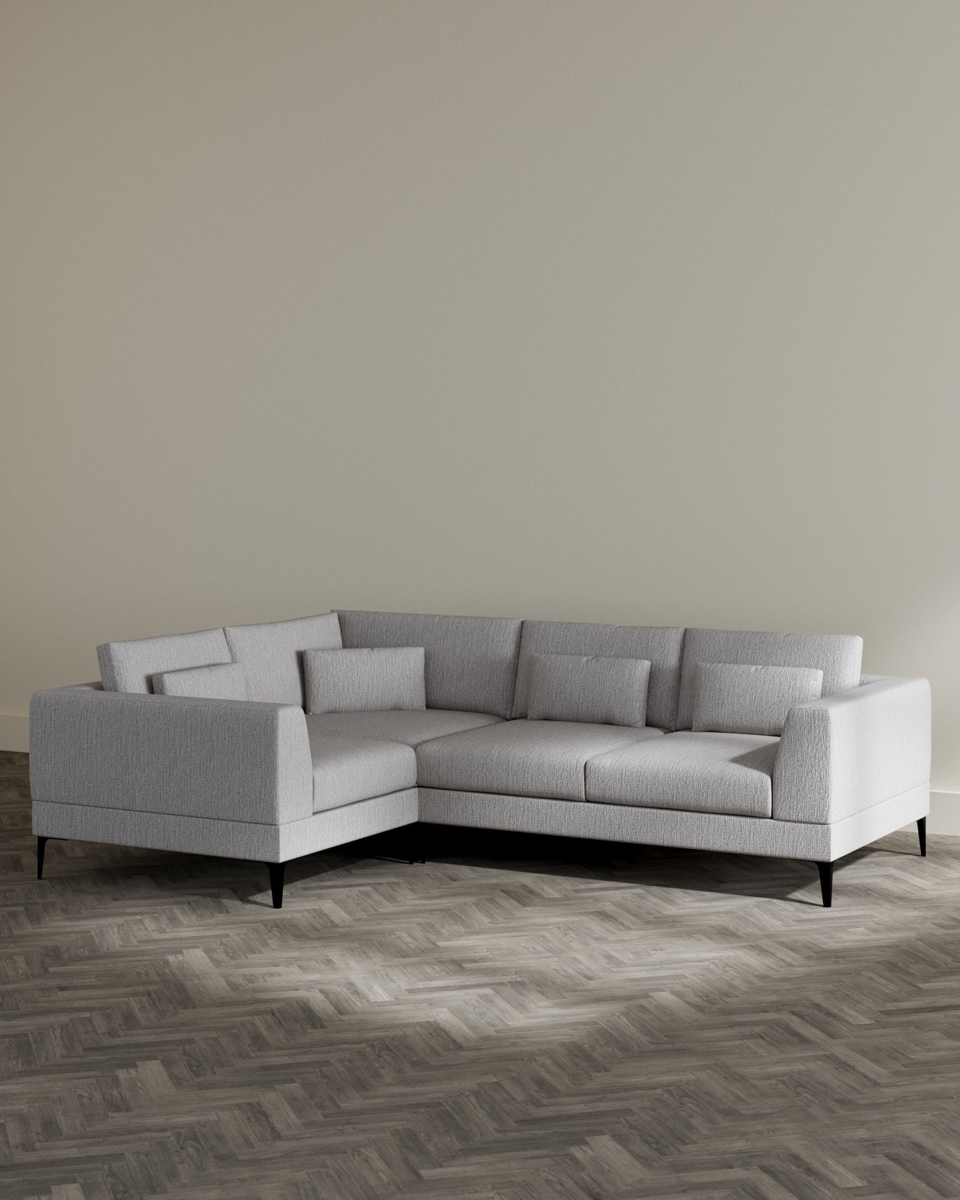 L-shaped sectional sofa with a textured light grey fabric upholstery and tapered dark wooden legs, featuring a contemporary design with clean lines and multiple cushioned seats and backrests for comfortable seating.