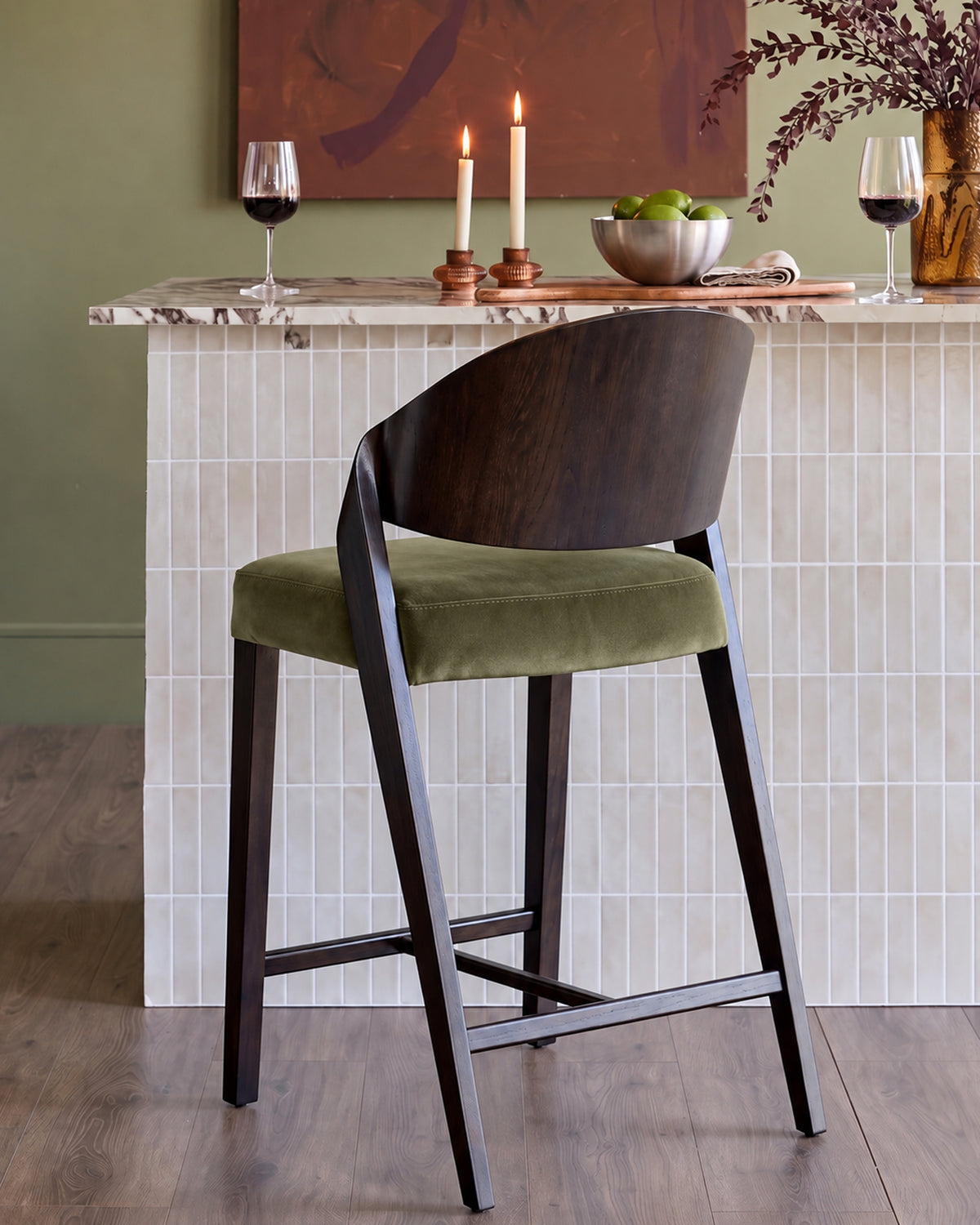 Enzo olive green velvet bar stool
