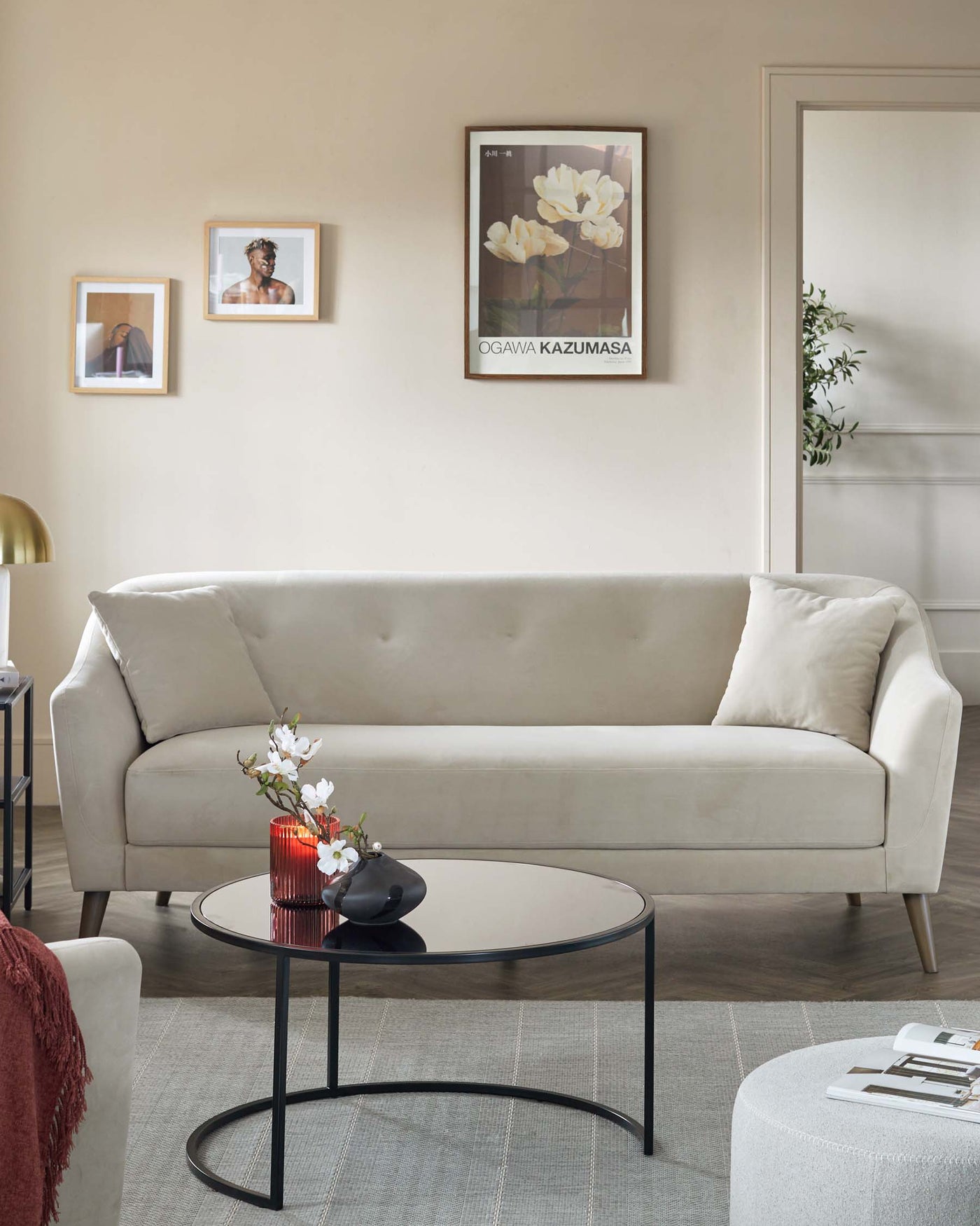 Erin 3 Seater Sofa in Champagne Velvet with Greywashed Wood Legs