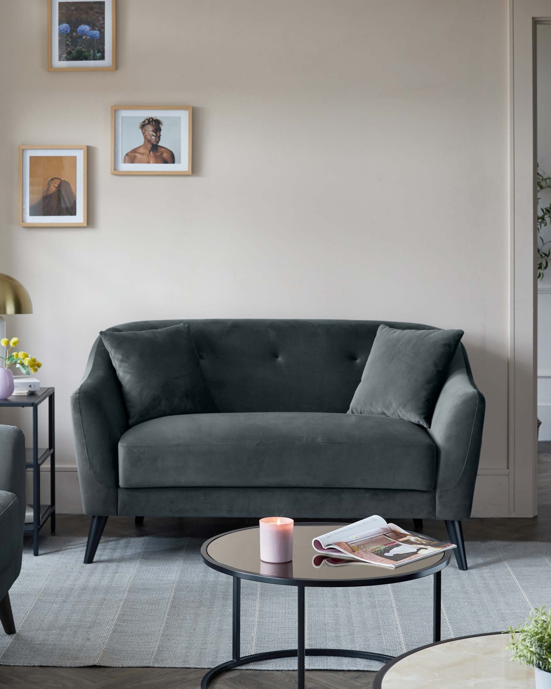 Erin 2 Seater Sofa in Dark Grey Velvet with Black Wood Legs