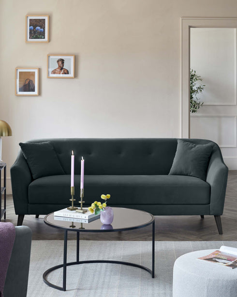 Erin 3 Seater Sofa in Dark Grey Velvet with Black Wood Legs