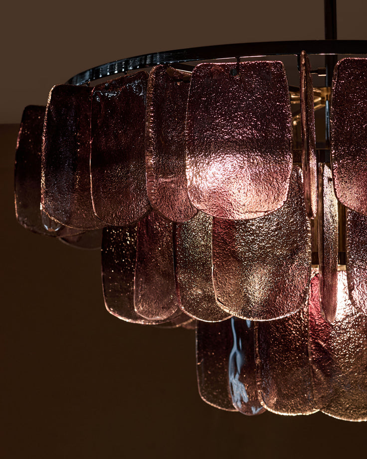 Estelle chandelier with smoked ombre glass panels, close-up detail of textured glass shades and metallic finish.