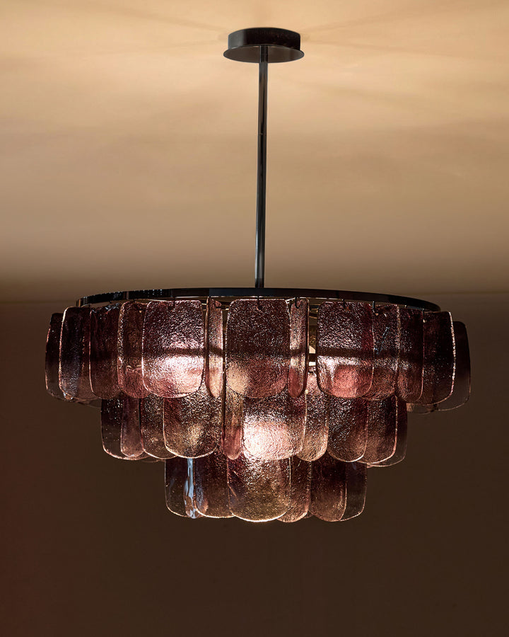 Estelle chandelier with tiered smoked glass shades in ombre effect, black metal ceiling mount, pendant suspension.