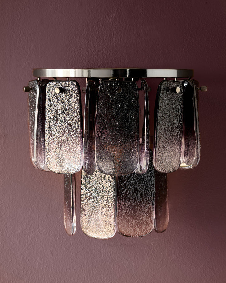 Estelle wall light featuring smoked ombre glass panels in a cylindrical arrangement with polished chrome fixtures and mounting hardware.