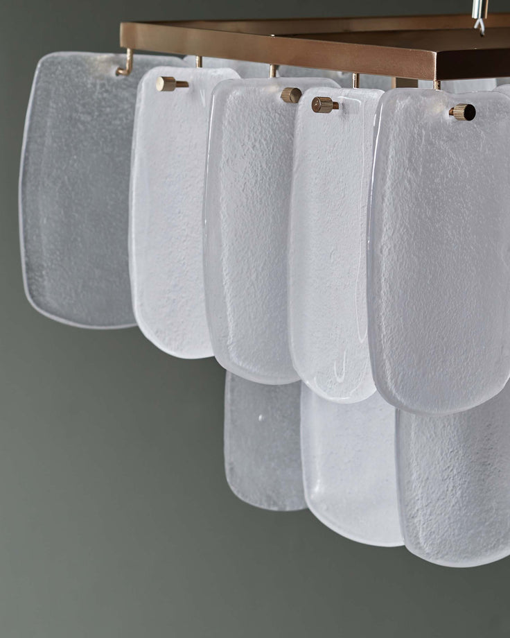 Stylish light fixture with frosted glass panels suspended from a bronze frame, creating a sophisticated cascade effect.